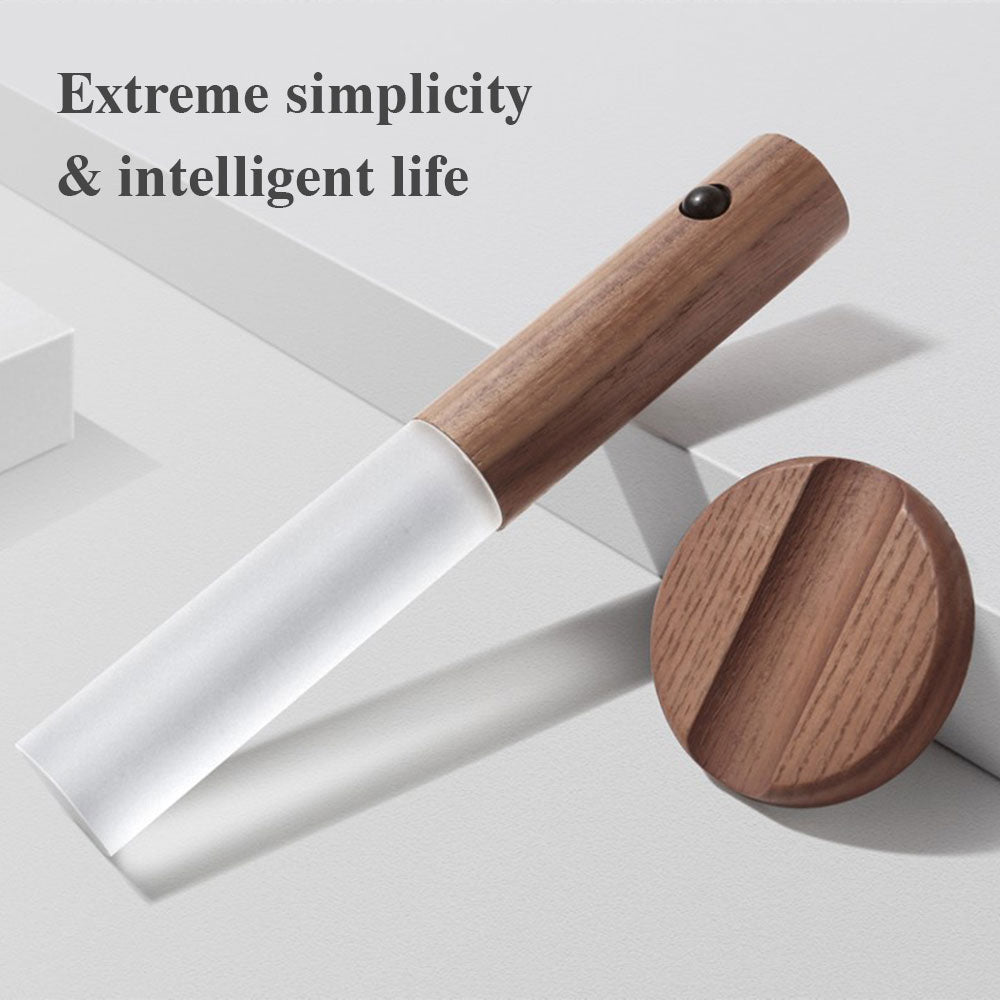 Wand magnetic light and round base, showing the wood-effect finish