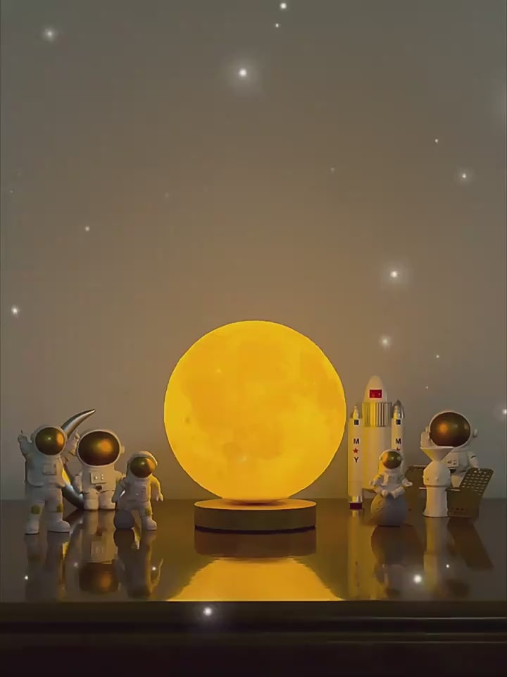 Lunar Orbit illuminated moon resting on its wooden base beside a plant — demonstration